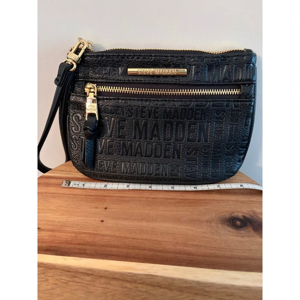 Steve Madden Btrell Double Zip Monogram Logo Black Wristlet Bag Purse